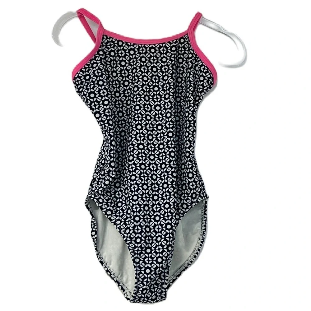 Old Navy Girls sz 5 black white print pink trim summer bathing suit vacation fun